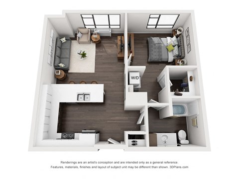 Floor plan for 1 bed, 1 bath, 763 sqft